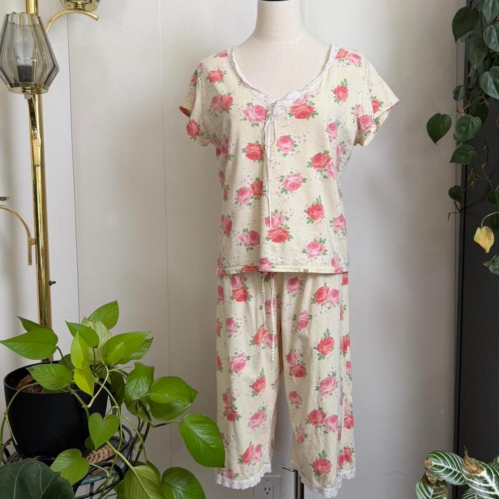 Vintage Laura Ashley 90s Floral Cotton Pajama Set Yellow Pink Medium Made in USA
